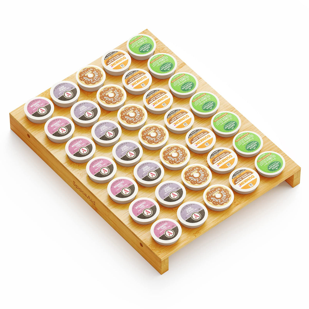 SpaceAid bamboo K-Cup drawer organizer with 35 slots for tidy coffee storage.