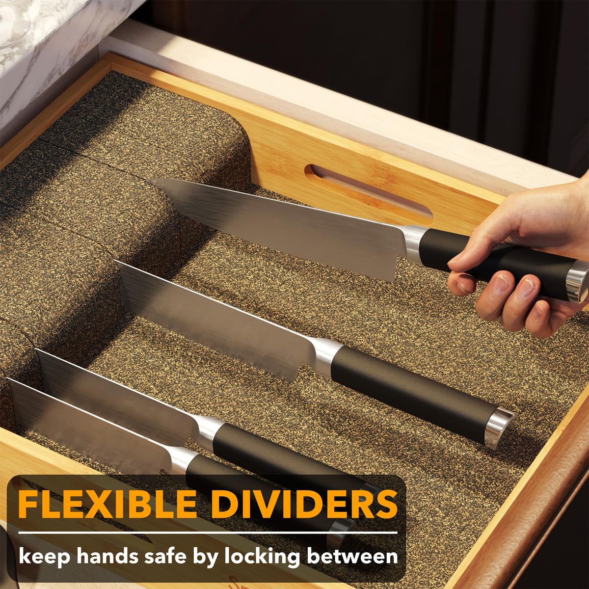 SpaceAid bamboo knife organizer top view shows wide, organized blade storage.