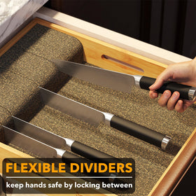 SpaceAid bamboo knife organizer top view shows wide, organized blade storage.