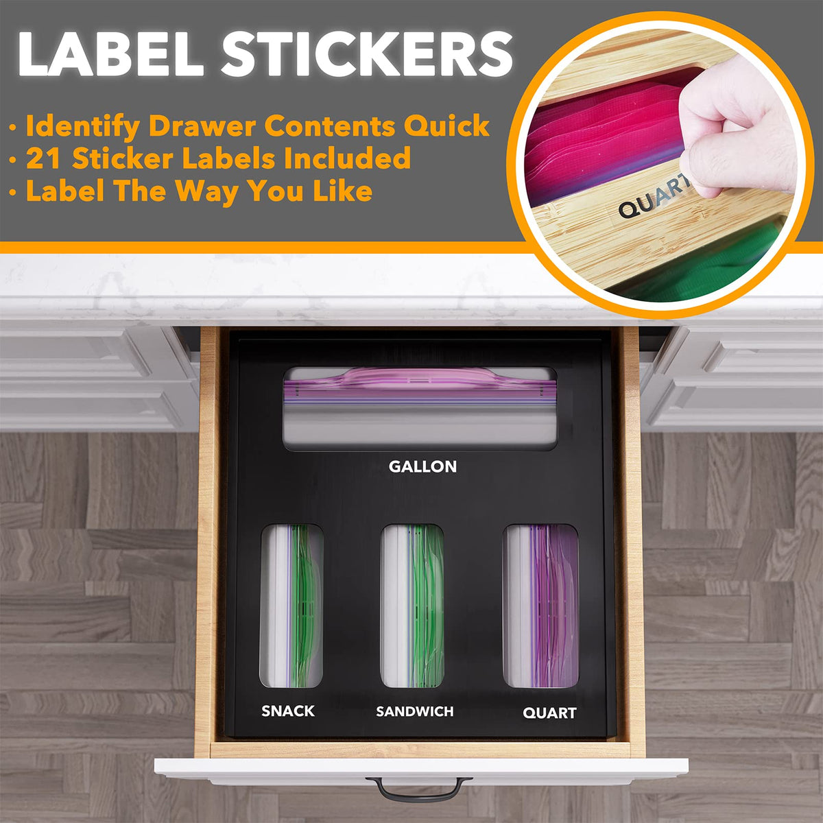 SpaceAid bamboo organizer includes 21 label stickers to quickly identify drawer contents