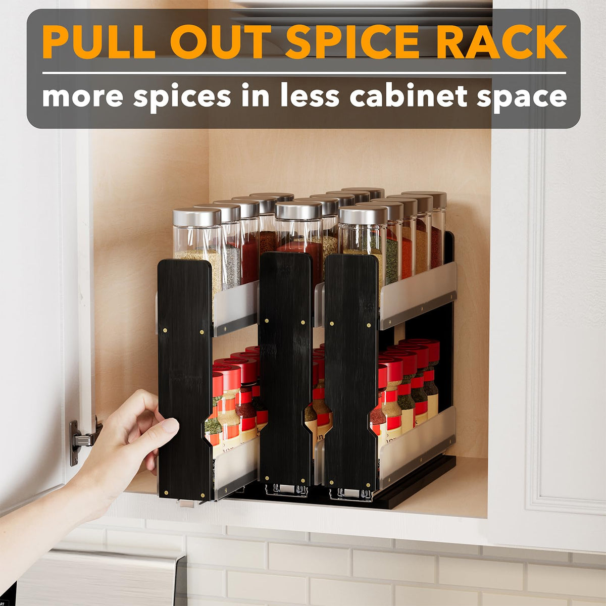 SpaceAid Bamboo pull-out spice rack bottom panel clears cabinet lip for fit