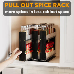 SpaceAid Bamboo pull-out spice rack bottom panel clears cabinet lip for fit