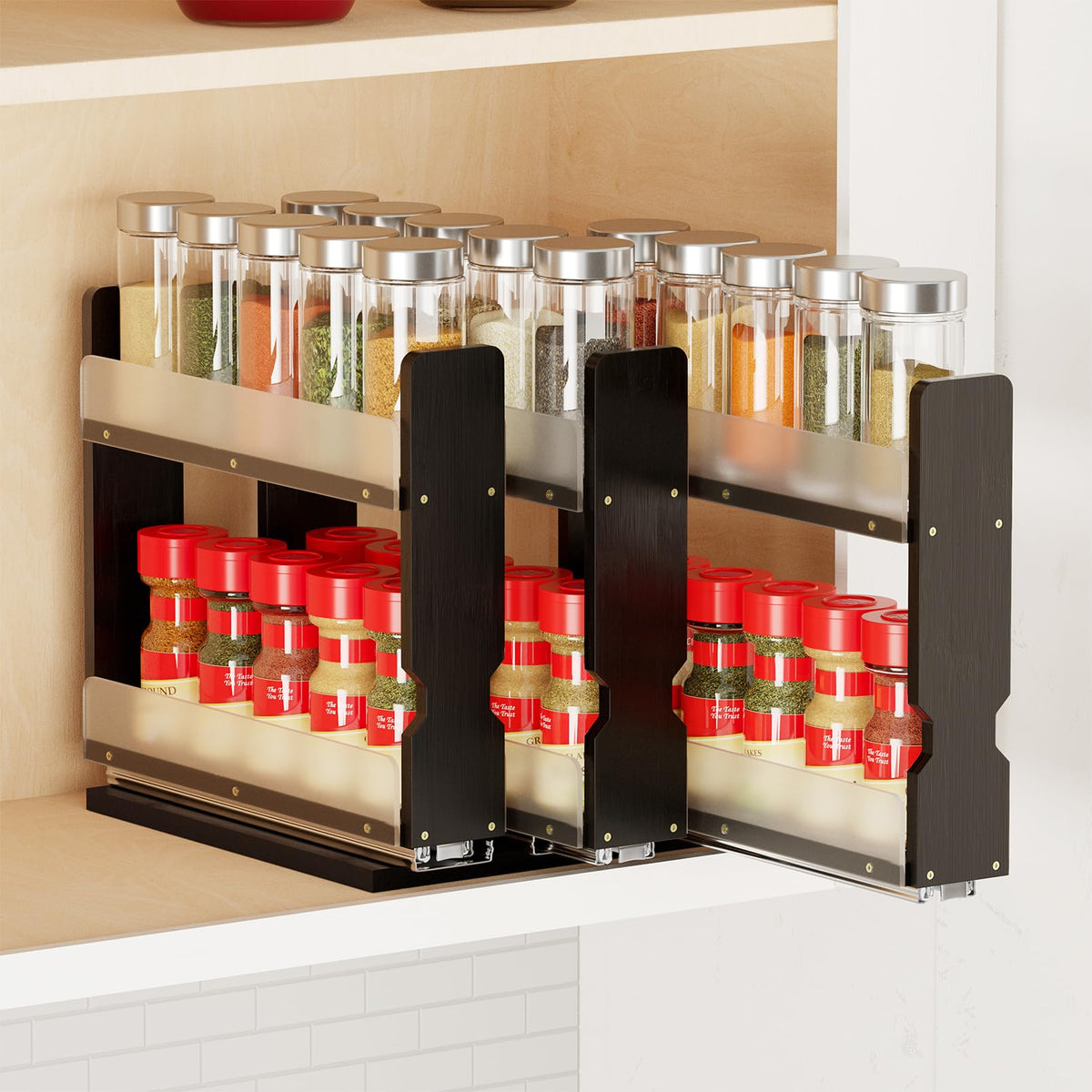 SpaceAid Bamboo pull-out spice rack in cabinet for organized spice storage