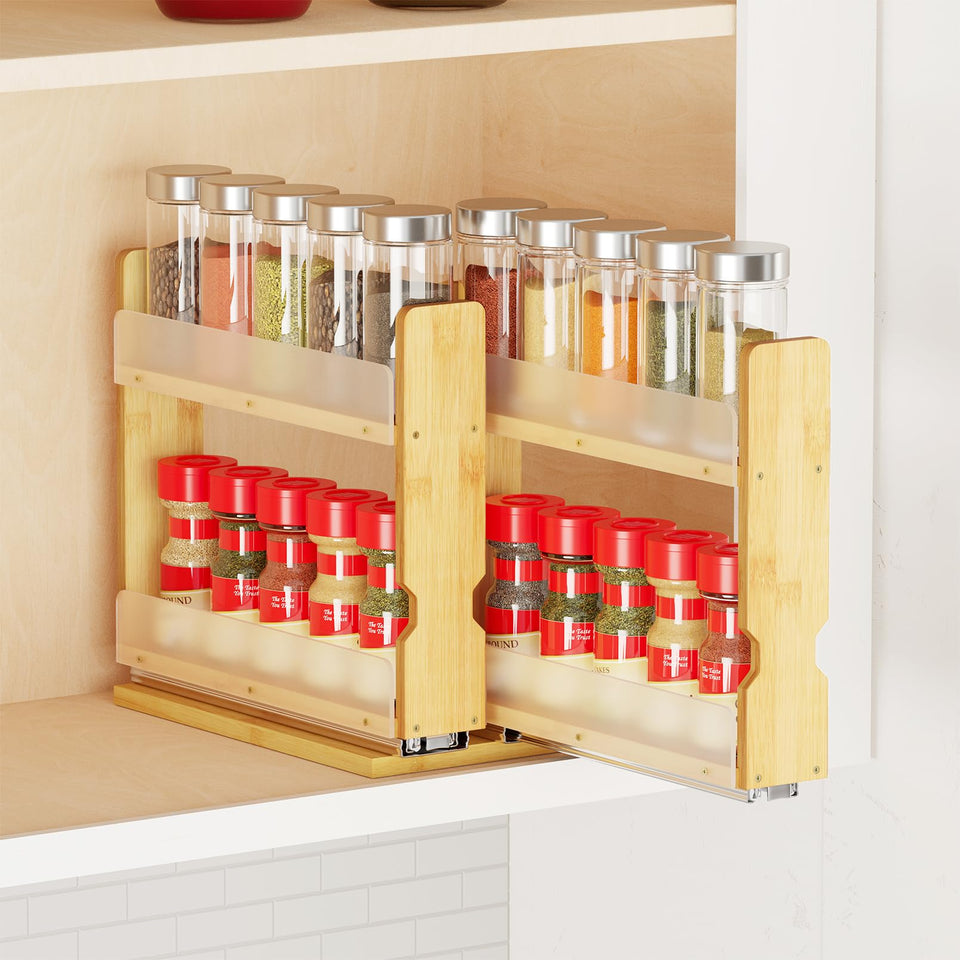 SpaceAid bamboo pull-out spice rack cabinet view with easy access to spices.
