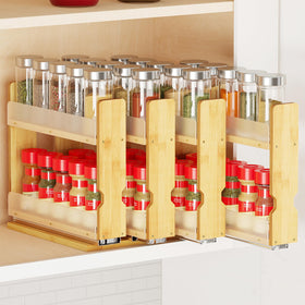 SpaceAid bamboo pull-out spice rack in cabinet for organized seasoning storage.