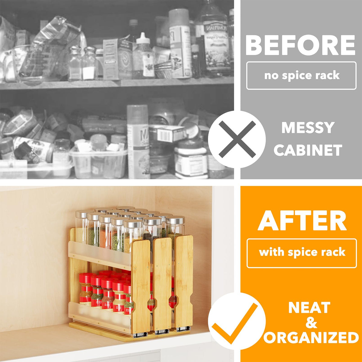 SpaceAid bamboo spice rack drawer open showing full-extension access.