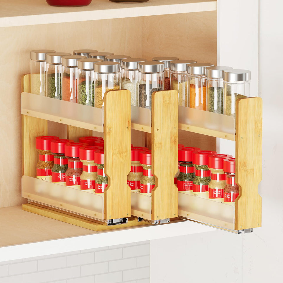 SpaceAid bamboo pull-out spice rack front view for organized cabinet spice storage.
