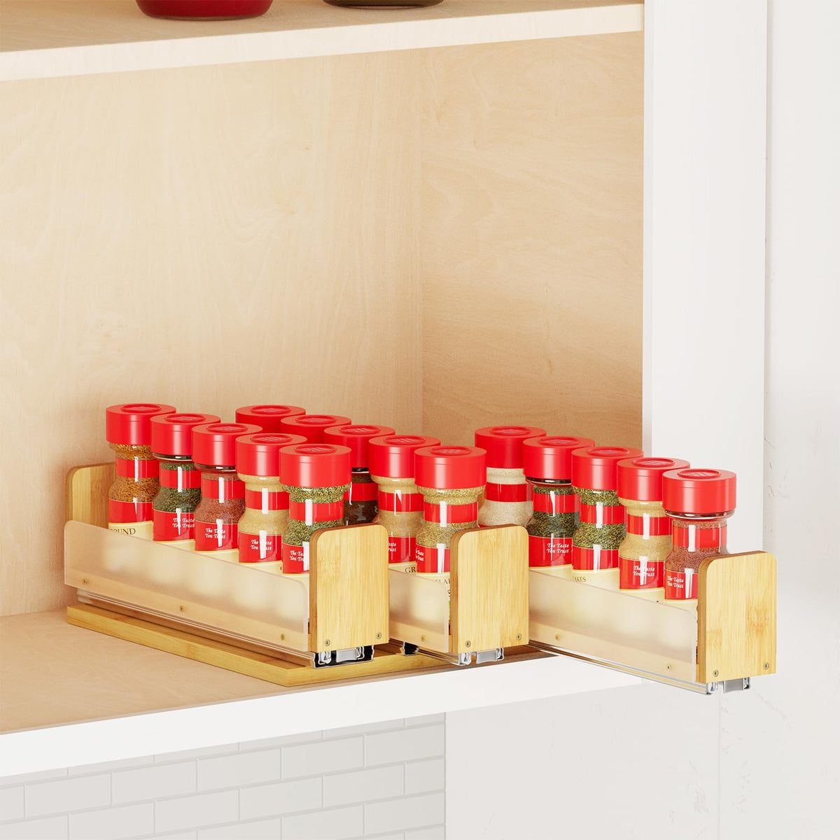 SpaceAid bamboo pull-out spice rack with full-extension access in a cabinet
