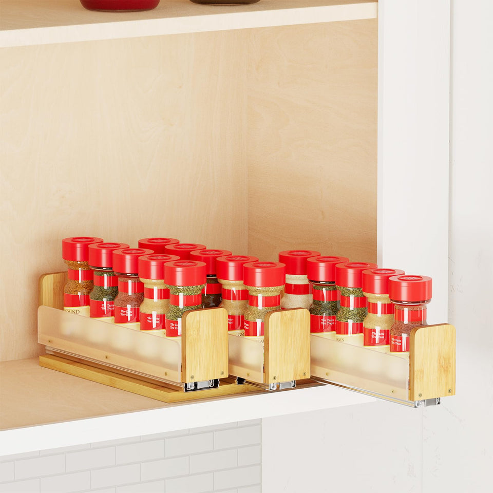 SpaceAid bamboo pull-out spice rack with full-extension access in a cabinet