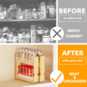SpaceAid bamboo pull-out spice rack two-drawers in-use showcases organized spices.