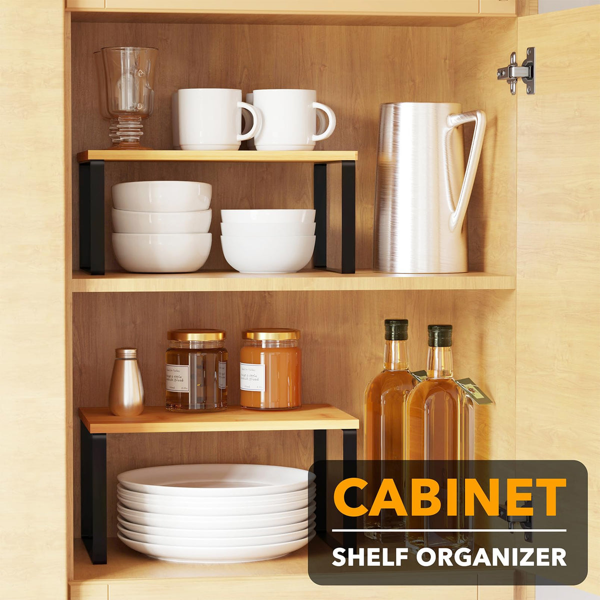 SpaceAid bamboo shelves with metal frame save vertical space for jars.