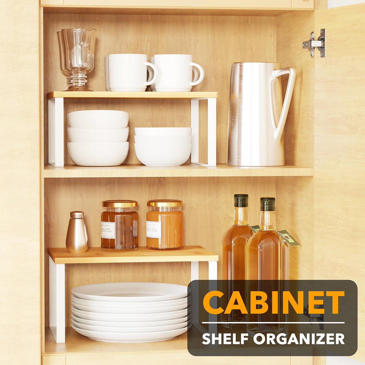 SpaceAid bamboo shelves with white frame adding natural elegance to kitchen storage
