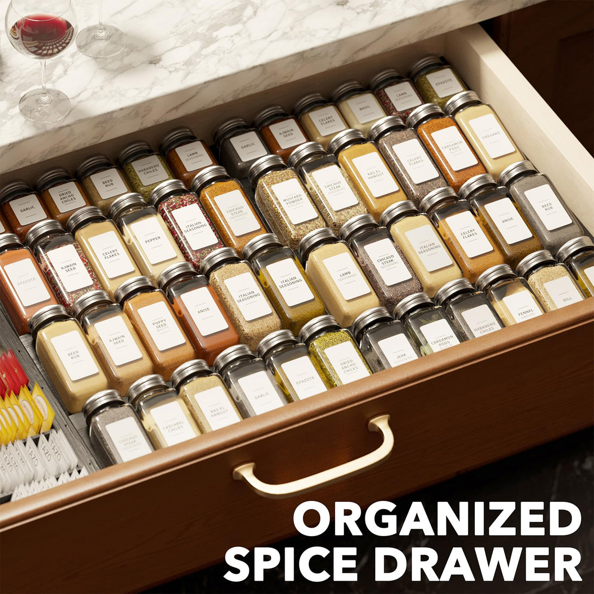 SpaceAid bamboo spice drawer organizer in a tidy kitchen drawer