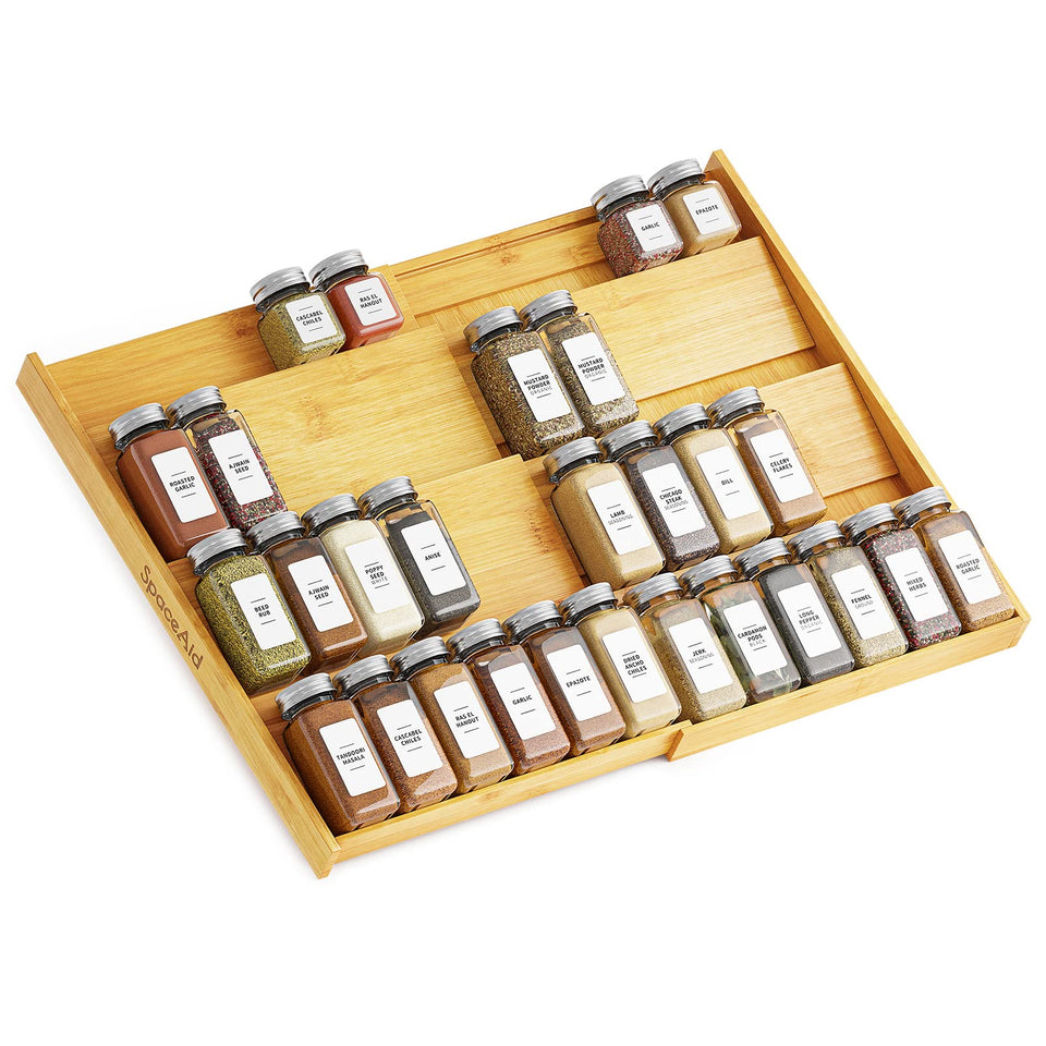 SpaceAid bamboo spice drawer organizer extendable 4-tier design for wide drawers.