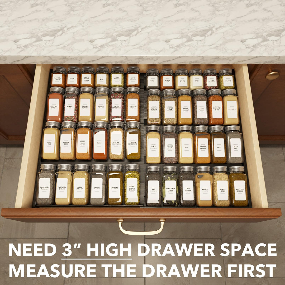 SpaceAid spice drawer rack expanded to support up to 48 jars
