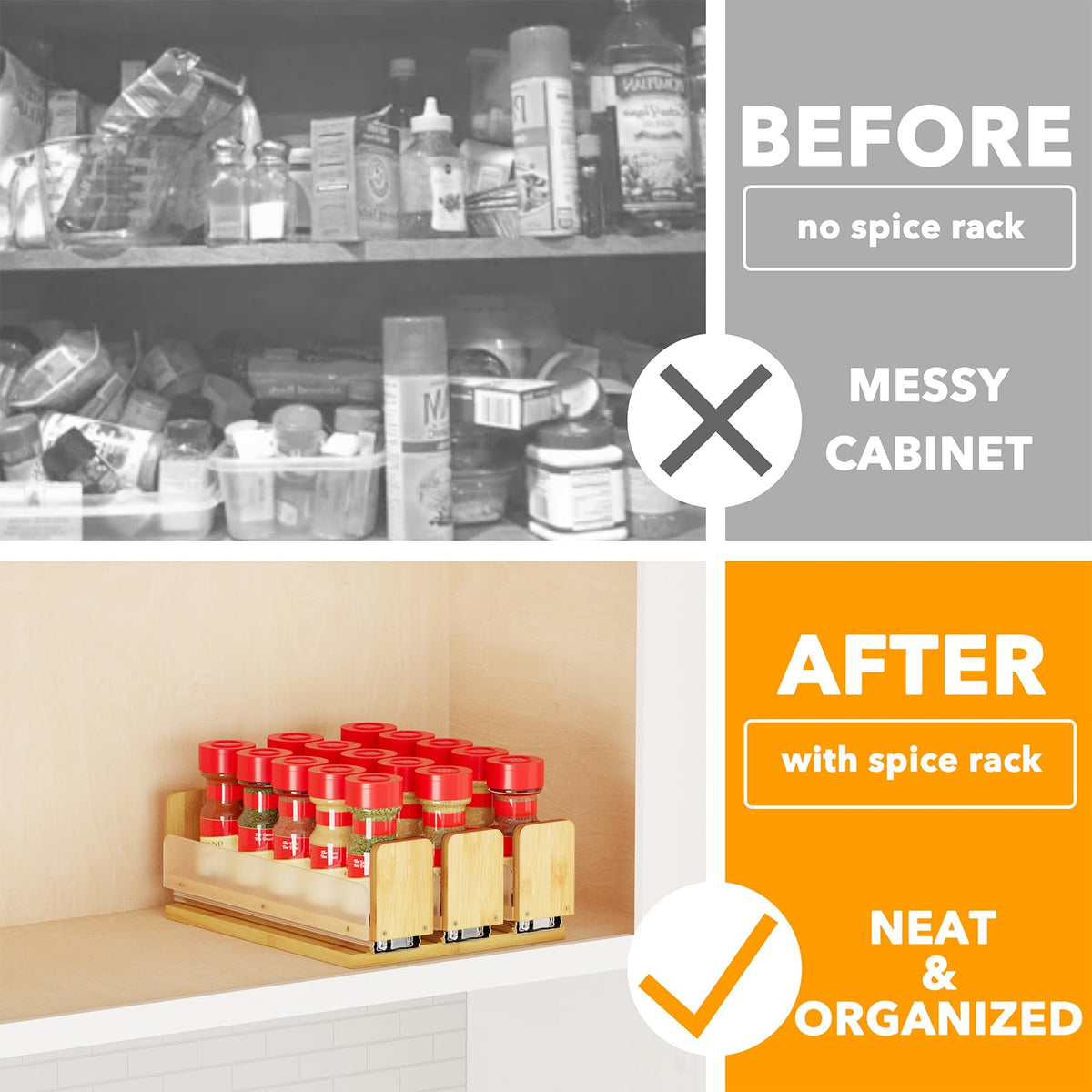 SpaceAid bamboo spice rack drawer slides smoothly for easy seasoning reach