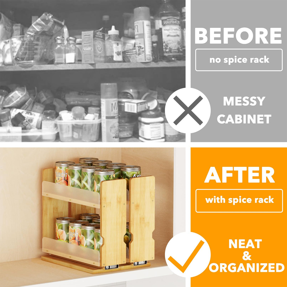 SpaceAid bamboo spice rack with two drawers during assembly, stylish natural finish