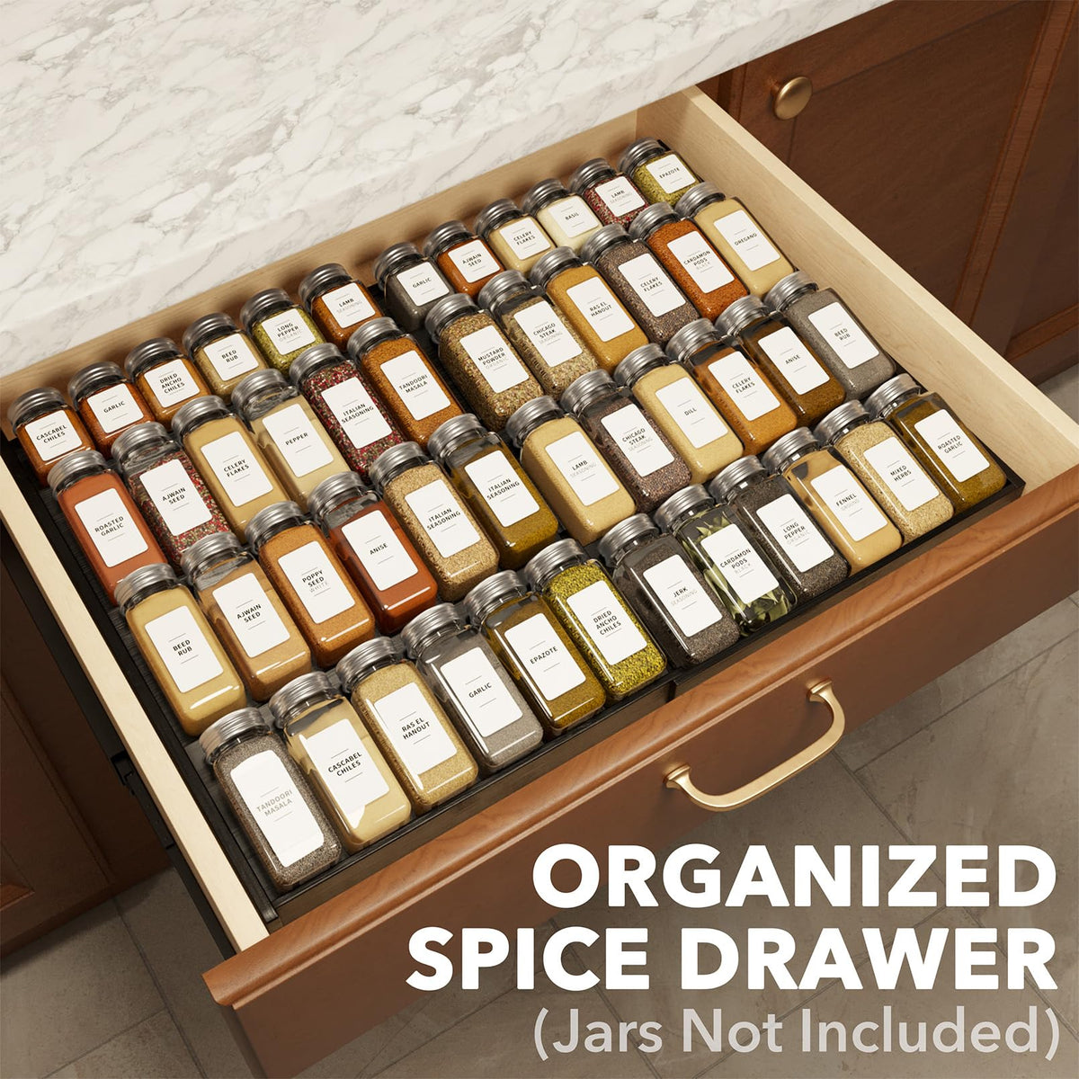 SpaceAid expandable four-tier spice rack shown with labeled jars