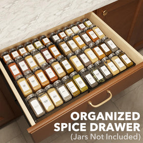SpaceAid expandable four-tier spice rack shown with labeled jars