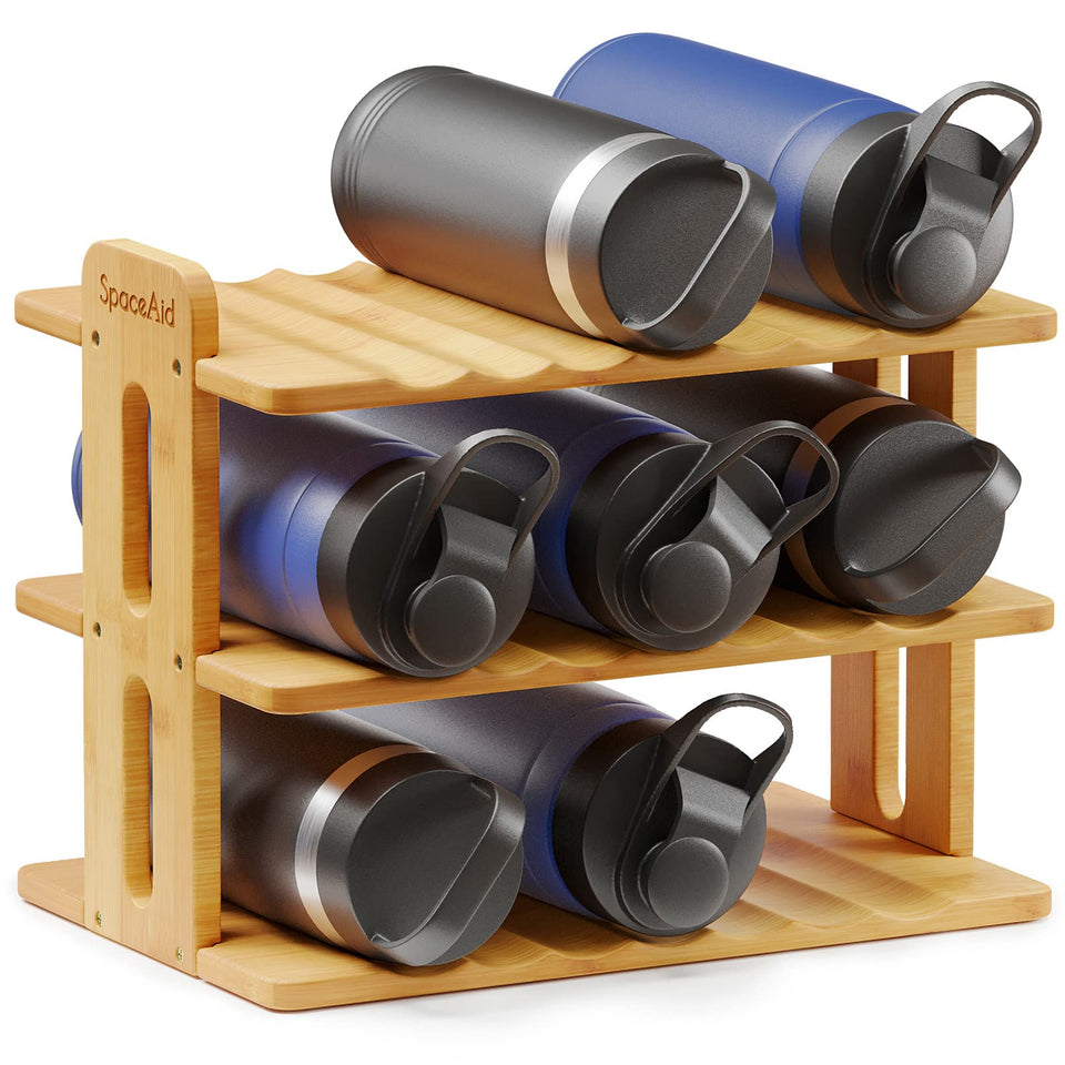 SpaceAid bamboo 3-tier water bottle organizer in cabinet, stores up to 9 bottles