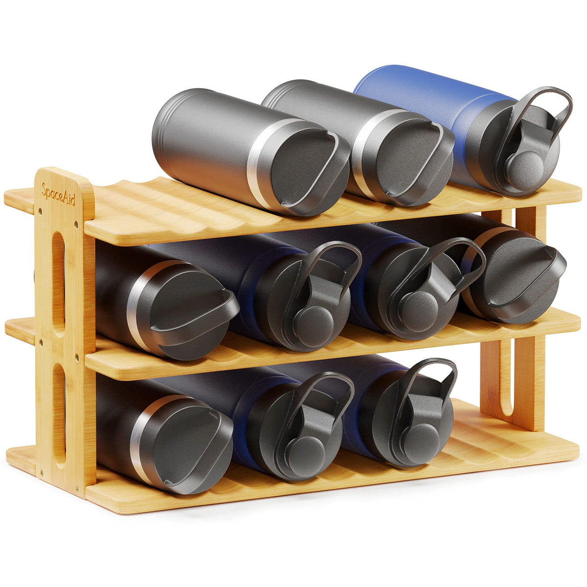 SpaceAid bamboo water bottle organizer with a 3-tier rack maximizes cabinet bottle storage.