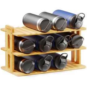 SpaceAid bamboo water bottle organizer with a 3-tier rack maximizes cabinet bottle storage.