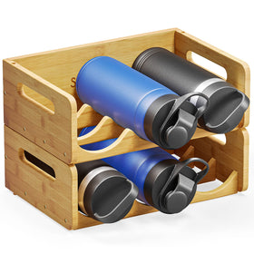 SpaceAid bamboo water bottle organizer, front view, keeps bottles neatly organized on kitchen shelves.