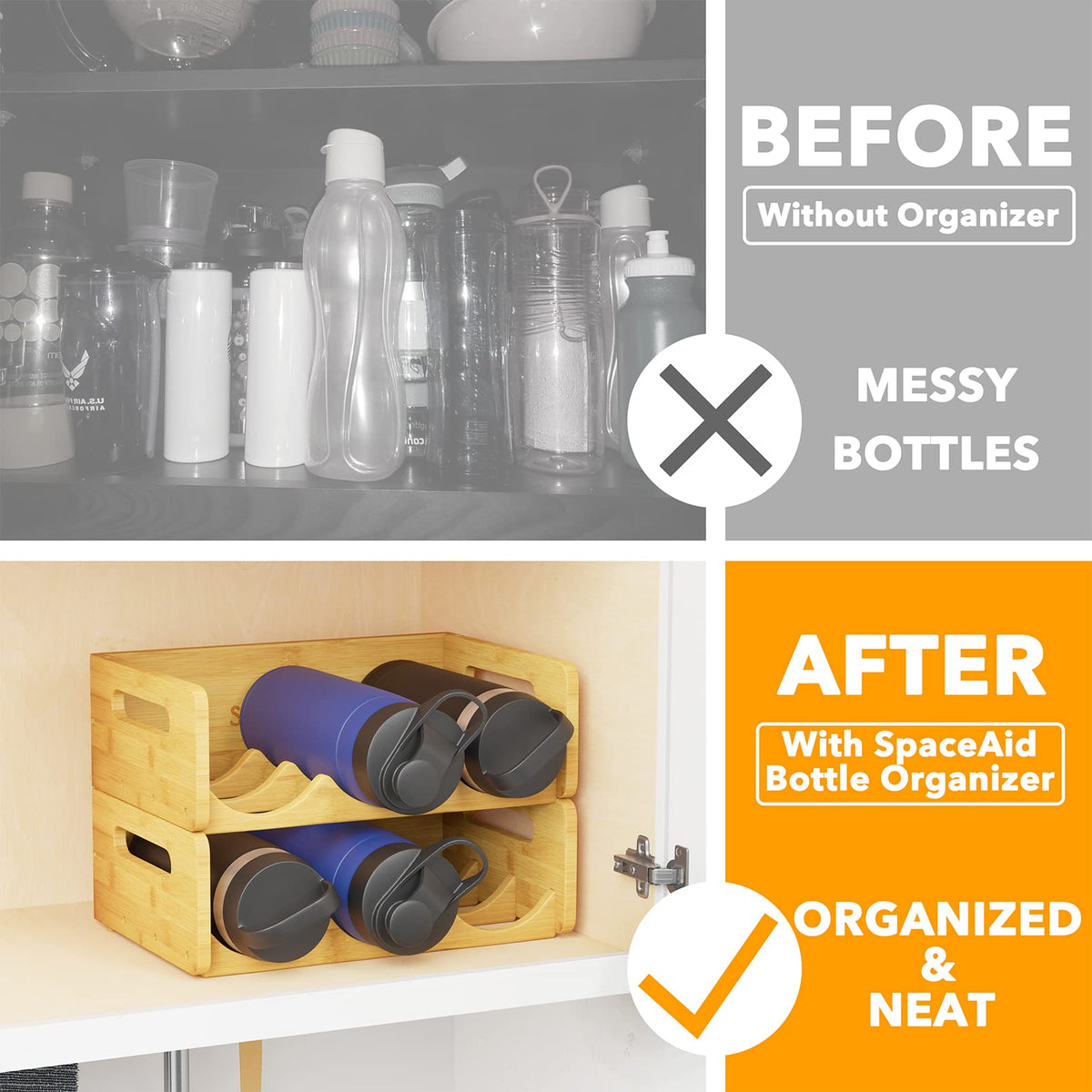 SpaceAid bamboo water bottle organizer inside storage shows stacked bins for easy bottle selection.