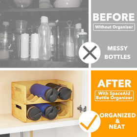 SpaceAid bamboo water bottle organizer inside storage shows stacked bins for easy bottle selection.