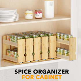 SpaceAid compact spice storage in a cabinet, clean natural bamboo look