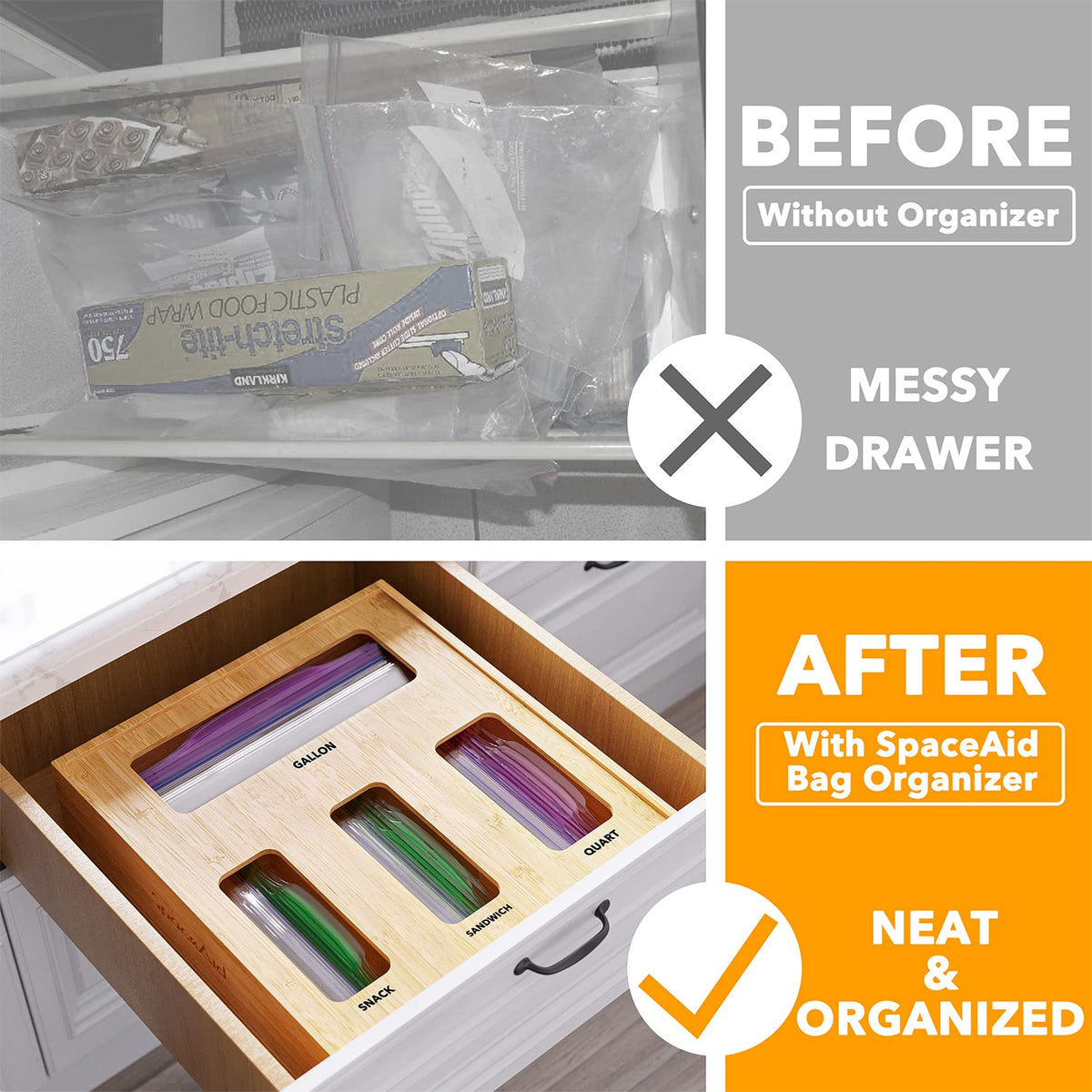 SpaceAid four-slot organizer fits gallon to snack bags for clutter-free kitchen drawers.