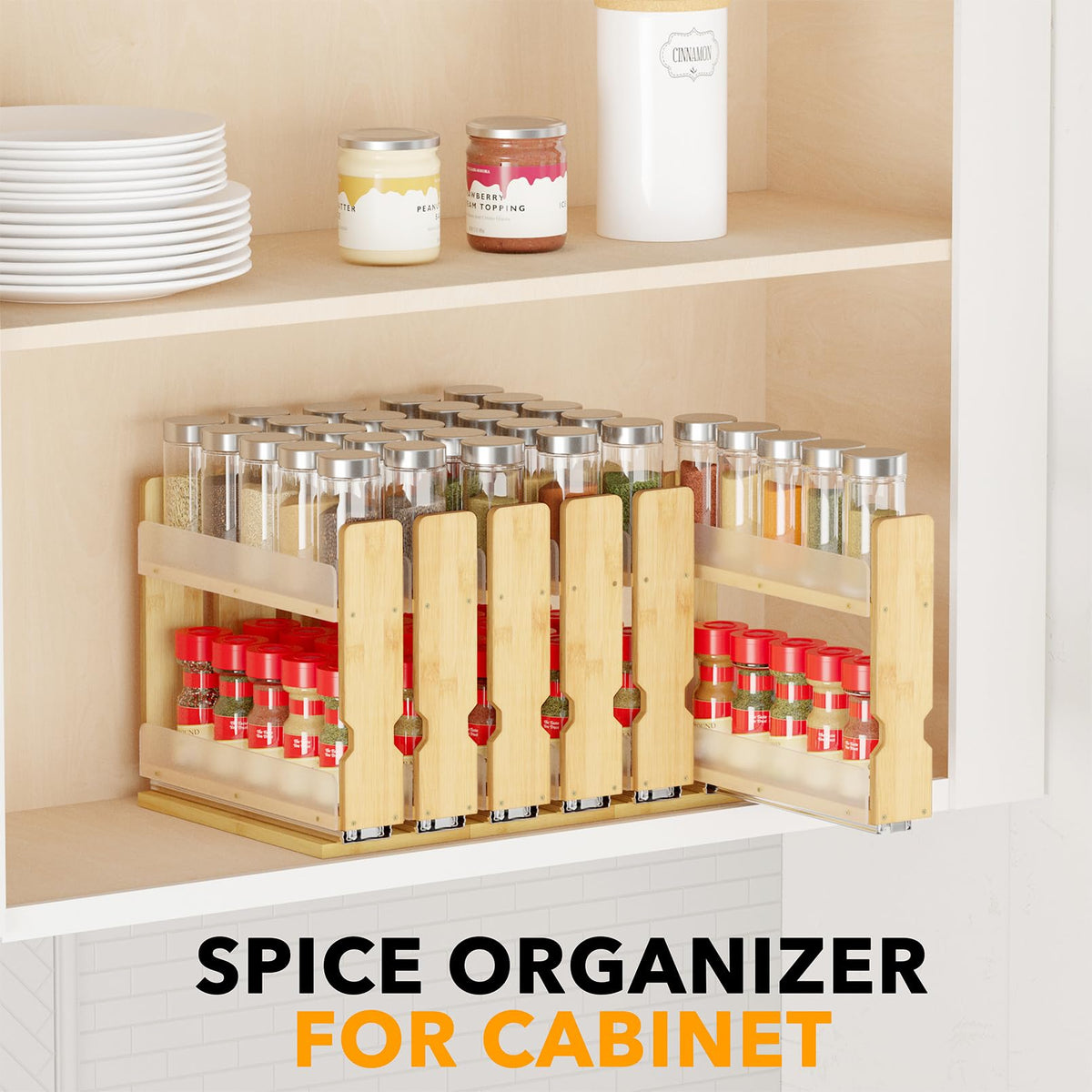 SpaceAid heavy-duty bamboo spice rack with dimensions suited for compact cabinets.