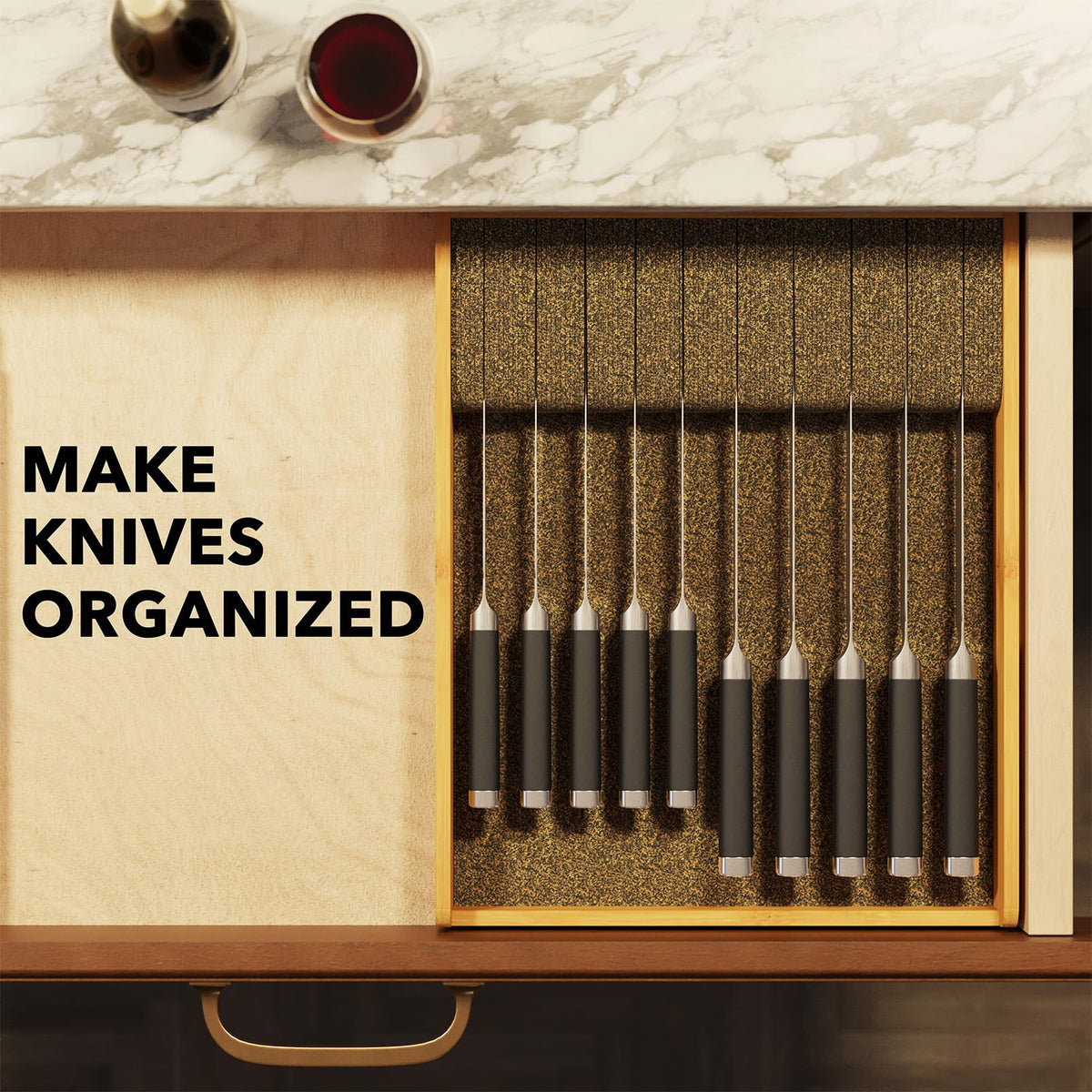 SpaceAid knife drawer tray close-up highlights sturdy bamboo construction.