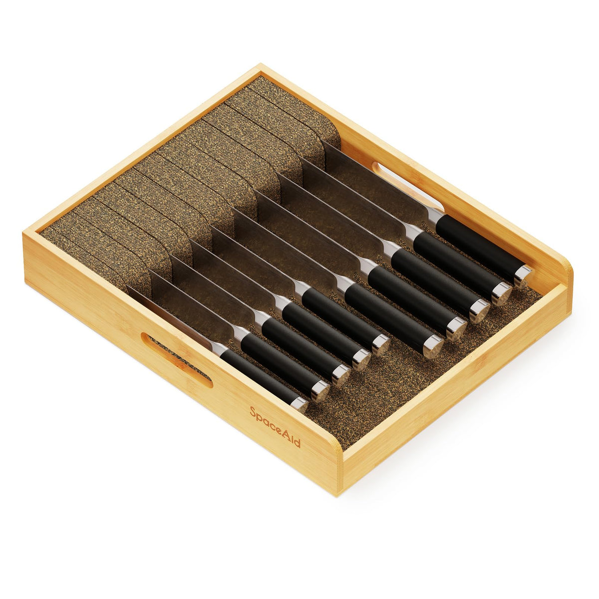 SpaceAid large knife drawer organizer in bamboo insert keeps blades neatly stored and accessible.
