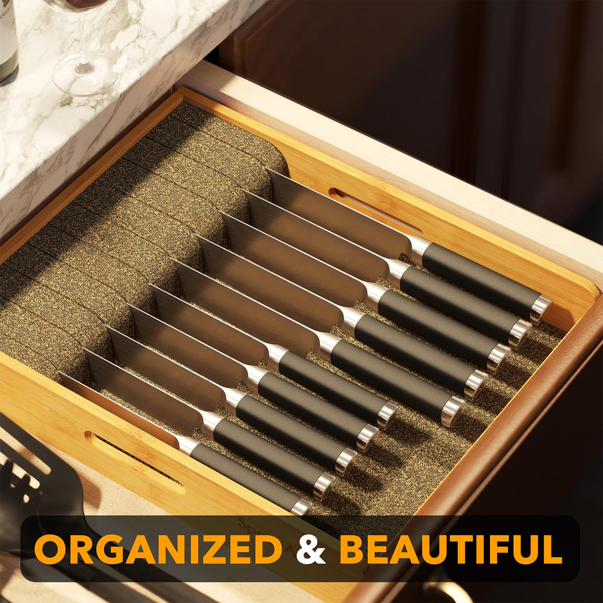 SpaceAid organized drawer with knife tray emphasizes quick access and reduced clutter.
