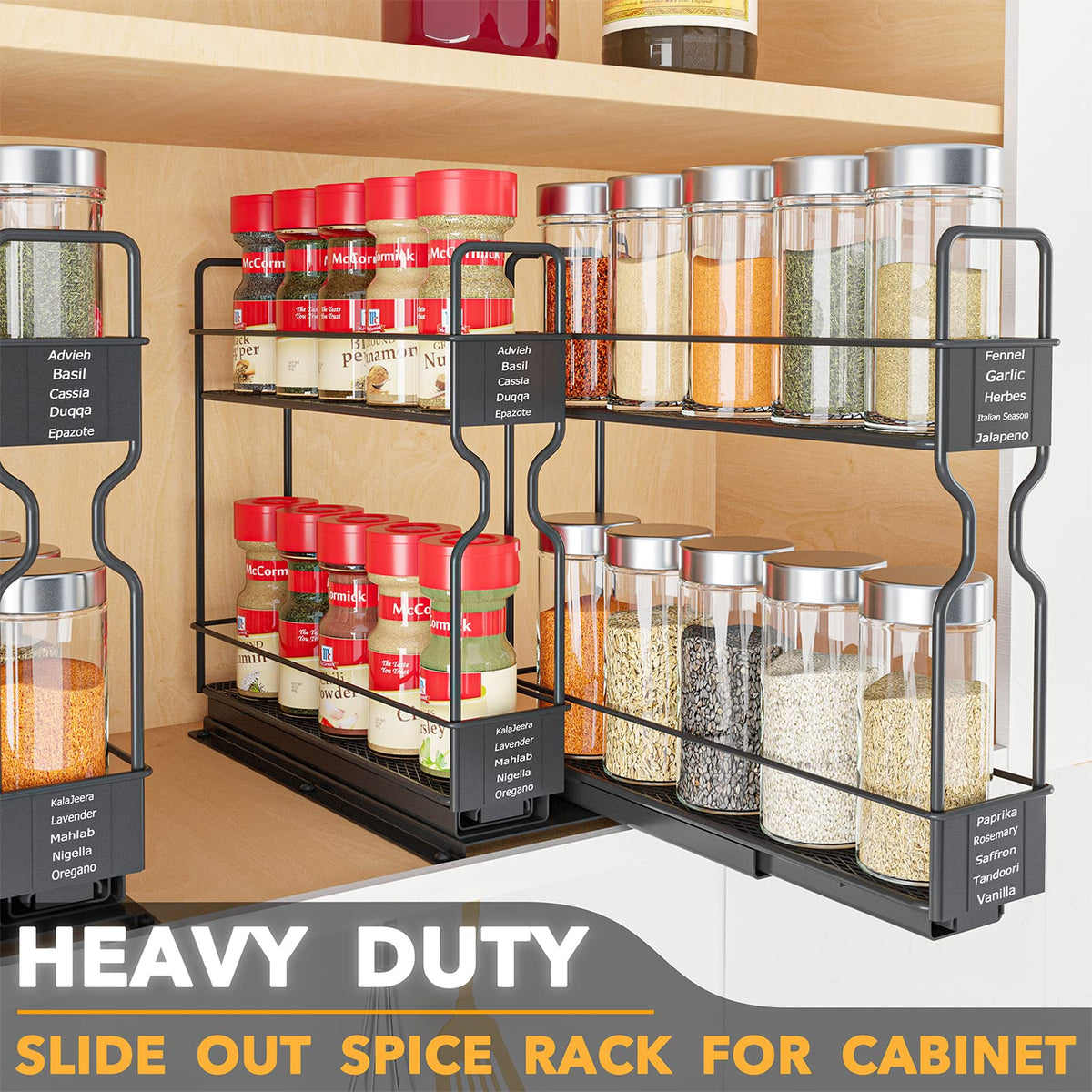 SpaceAid pull-out spice rack drawer open showing smooth glide and accessible jars