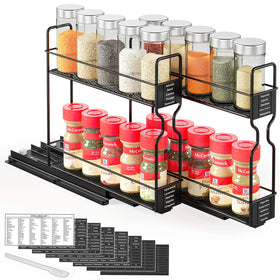 SpaceAid pull-out spice rack front view with organized jars for quick cooking prep