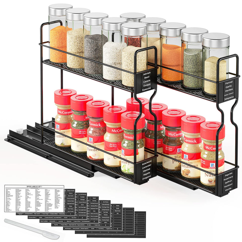 SpaceAid pull-out spice rack front view with organized jars for quick cooking prep