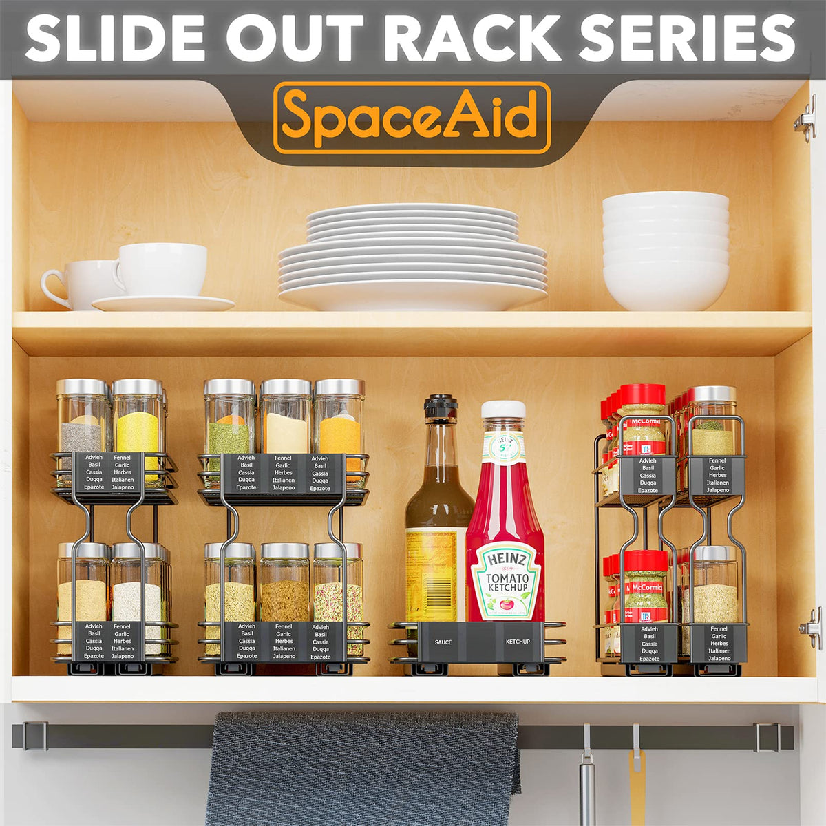 SpaceAid pull-out spice rack with labels included for fast identification