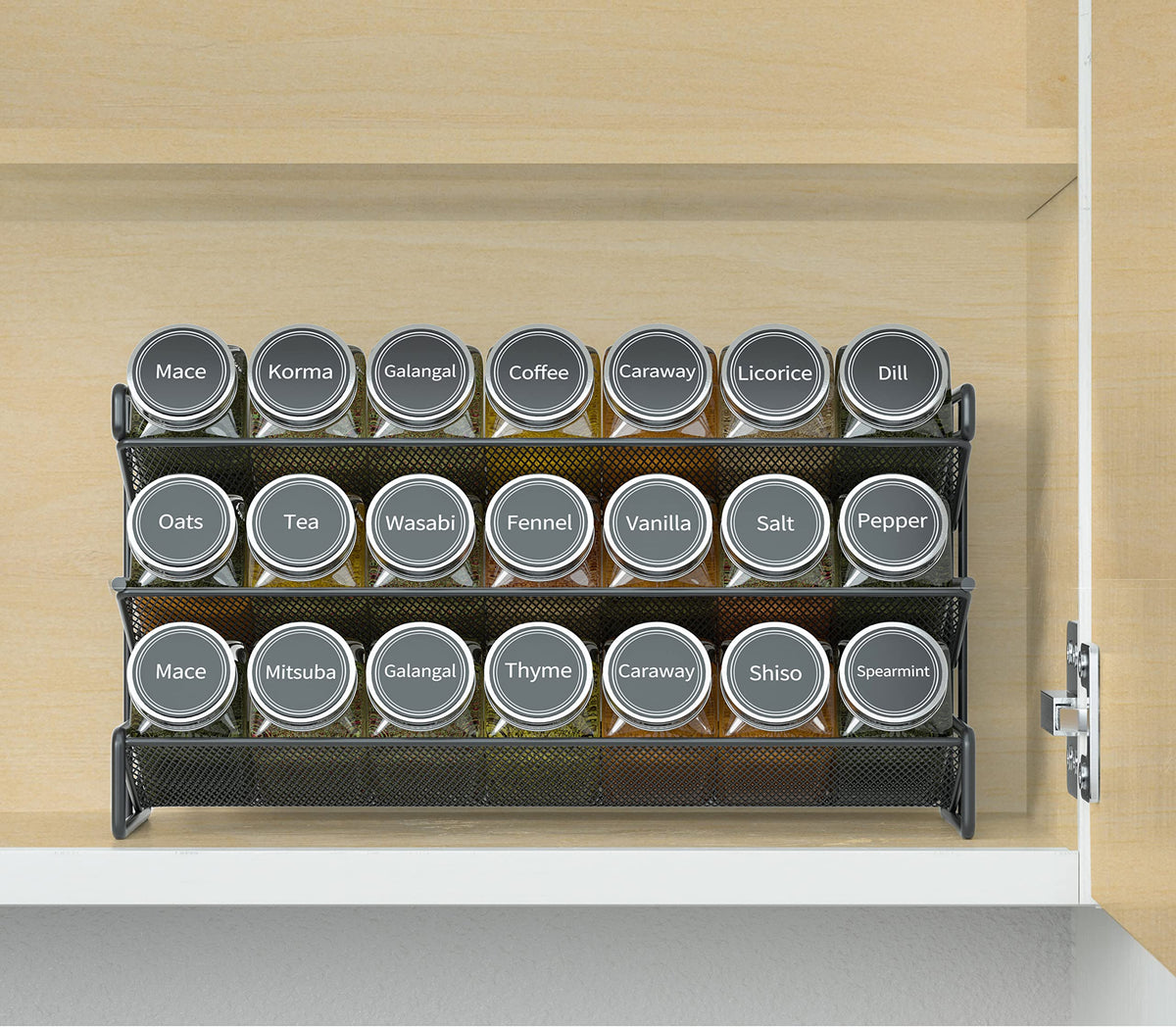 SpaceAid glass spice jars close-up with airtight caps and precise pour lids.