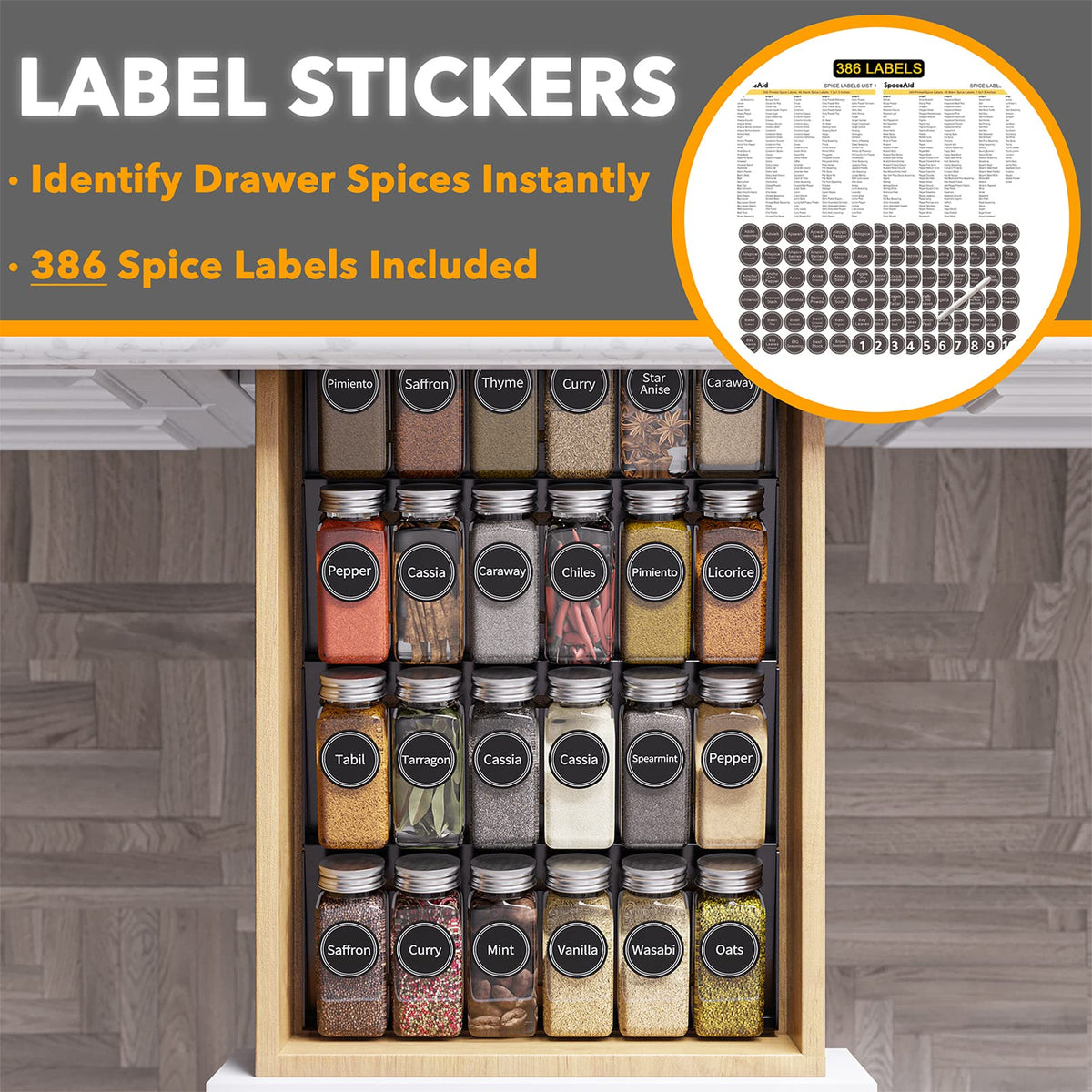 SpaceAid 386 spice labels for quick jar identification.