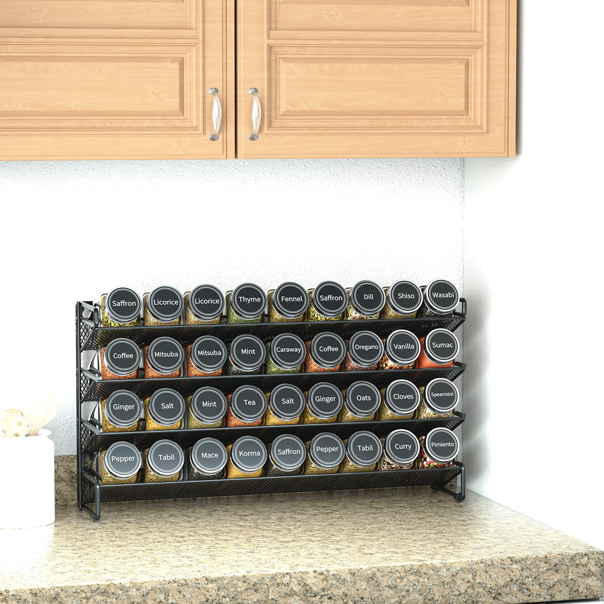 SpaceAid waterproof labels on jars for quick spice IDs.