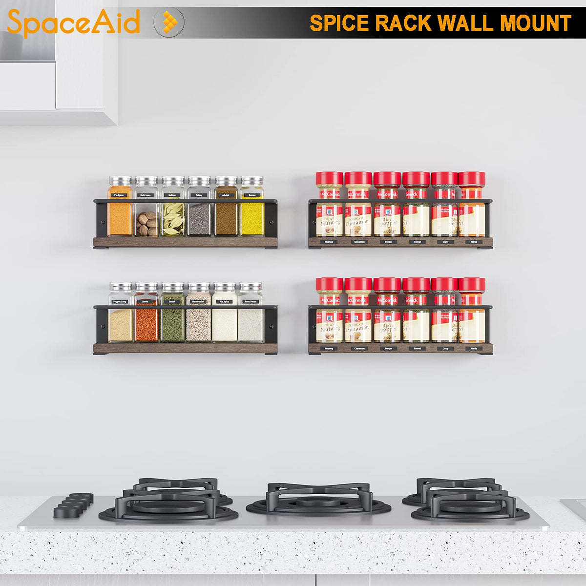 SpaceAid Spice Rack 4-Pack mounted on cabinet door for easy access.