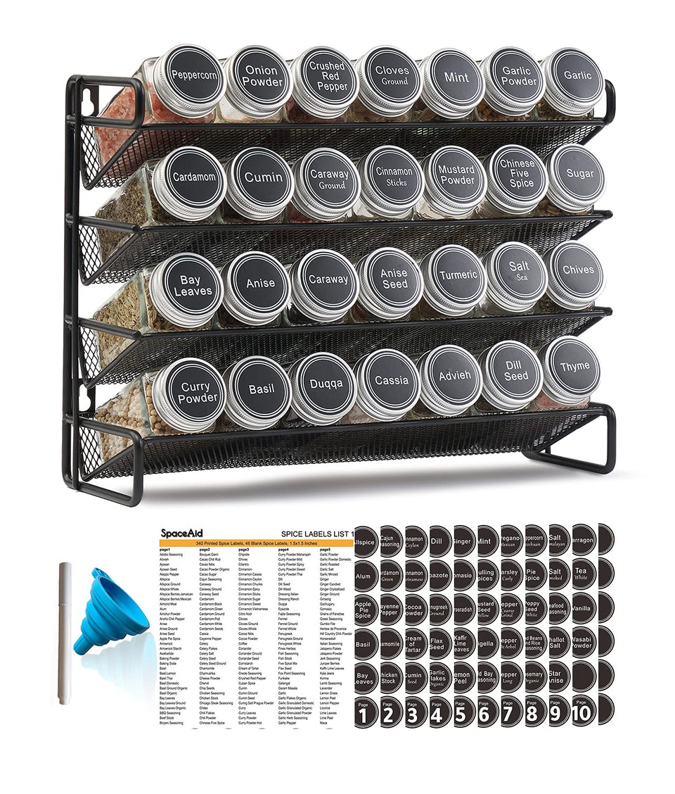 SpaceAid 4-tier spice rack on countertop keeps spices accessible and organized.