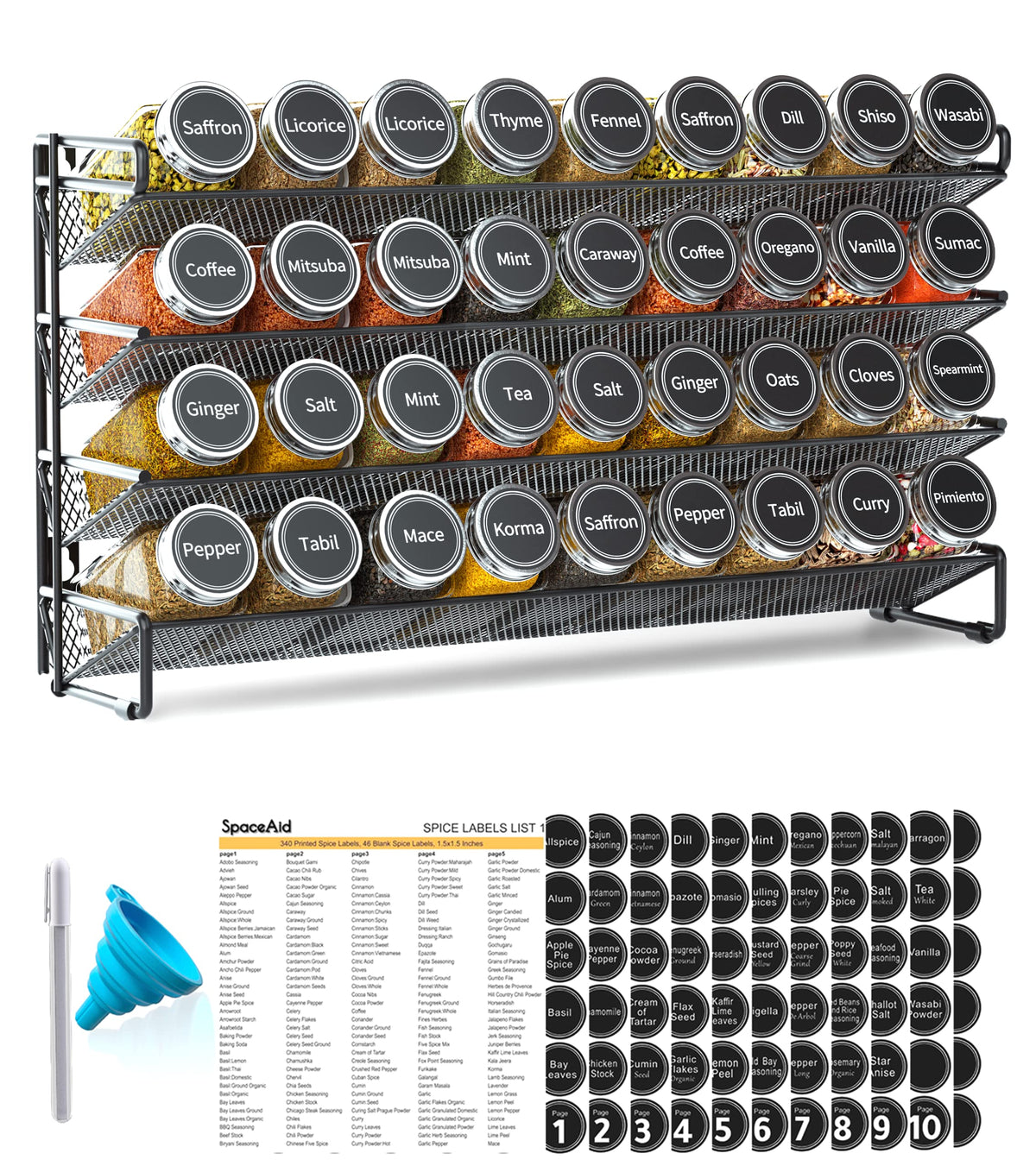 SpaceAid four-tier spice rack on a cabinet for easy access.