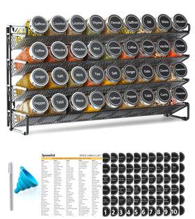 SpaceAid four-tier spice rack on a cabinet for easy access.