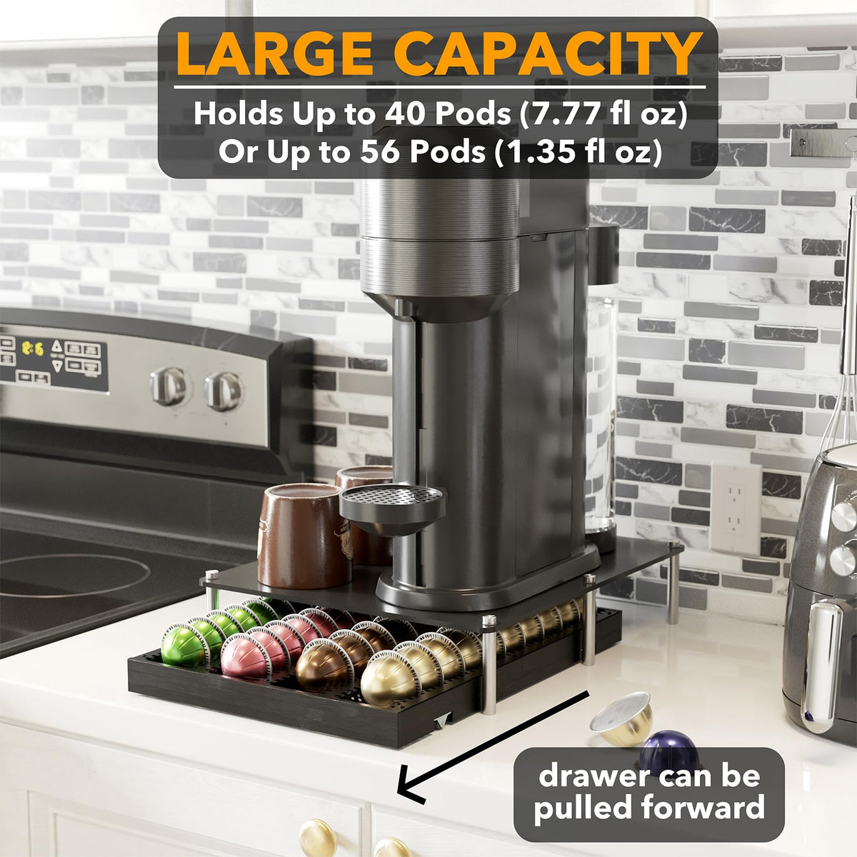 SpaceAid bamboo pod organizer for Vertuo pods keeps big and small capsules neatly separated.