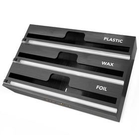 SpaceAid WrapNeat 3-in-1 organizer with cutter and labels on a kitchen drawer