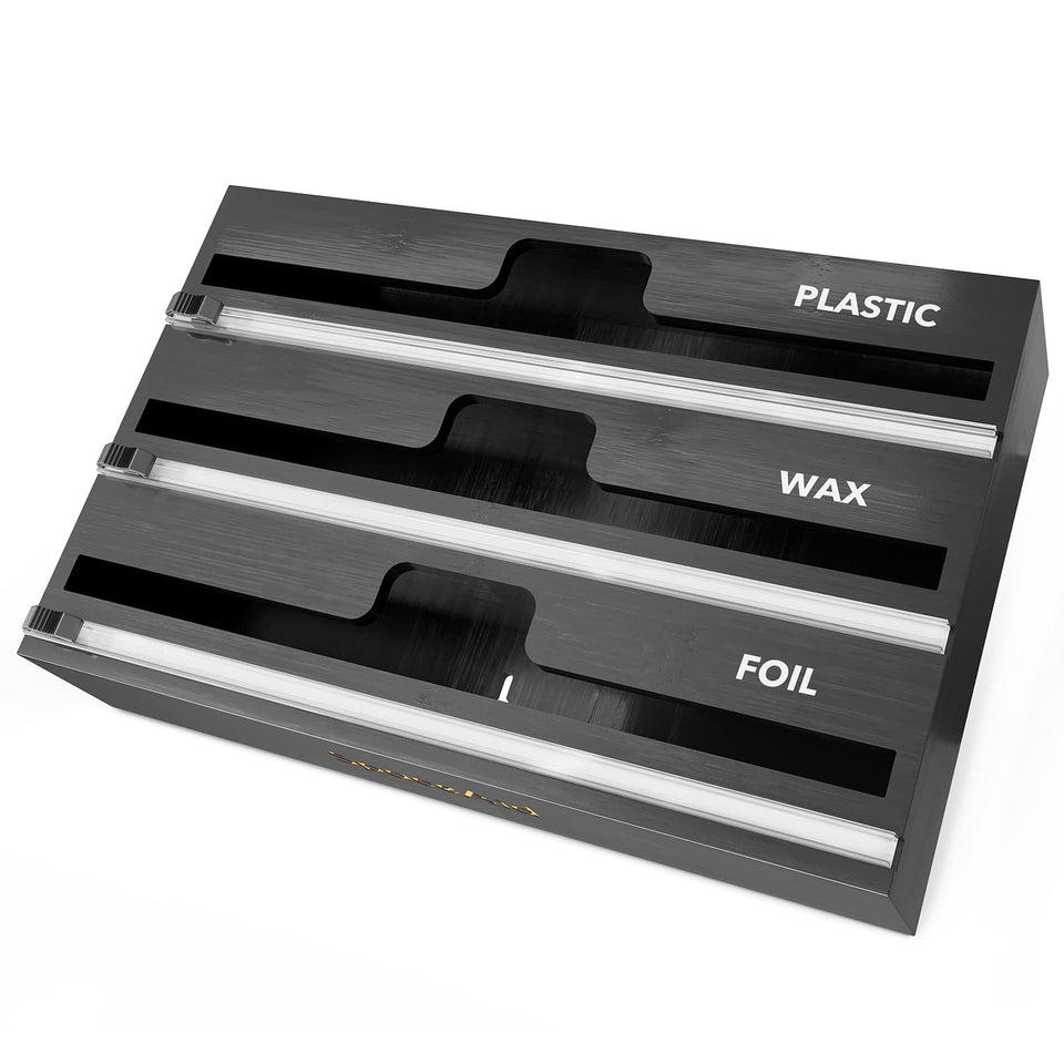 SpaceAid WrapNeat 3-in-1 organizer with cutter and labels on a kitchen drawer