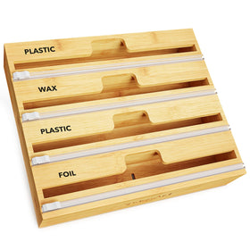 SpaceAid WrapNeat bamboo organizer four-slot view showing organized wraps.